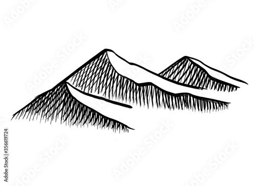 Three hills drawn picture in the engraving style. Raster illustration in black ink isolated on a white horizontal background.