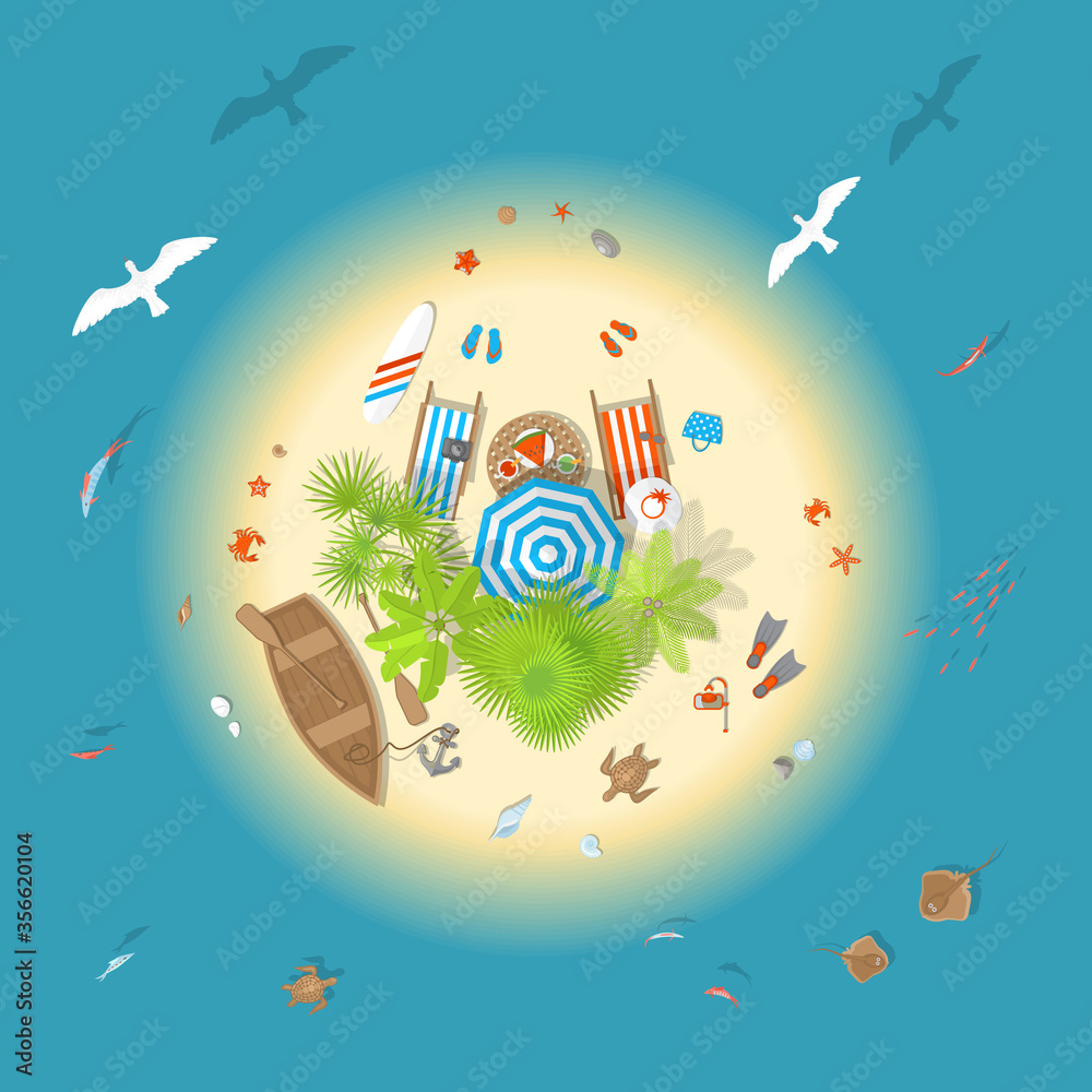 Fototapeta premium Vector illustration. Island paradise. (top view) Summer time. A romantic vacation on the island in the sea. (View from above)