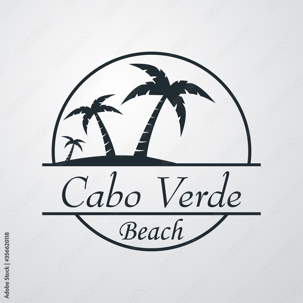 Símbolo destino de vacaciones. Icono plano texto Cabo Verde Beach en círculo con playa y palmeras en fondo gris