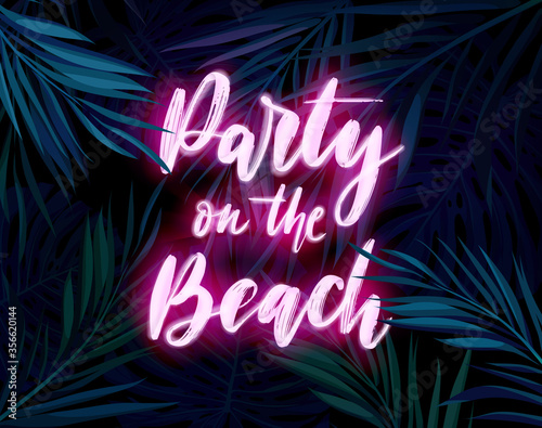 Dark blue and violet tropical party design with palm leaves and neon letters. Summer night vector illustration.