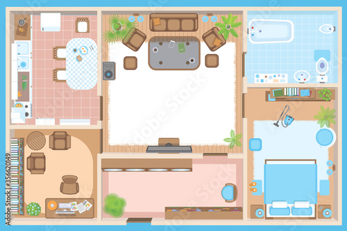 Vector illustration. Apartment floor plan. (top view) Furnished flat. (view from above) Interior architecture. Living room, bedroom, kitchen, bathroom, office. 