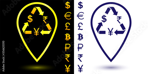 Geolocation symbol  for currency exchange. Money  currencies of different countries of the world are located with arrows
