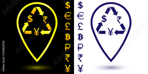 Geolocation symbol  for currency exchange. Money, currencies of different countries of the world are located with arrows