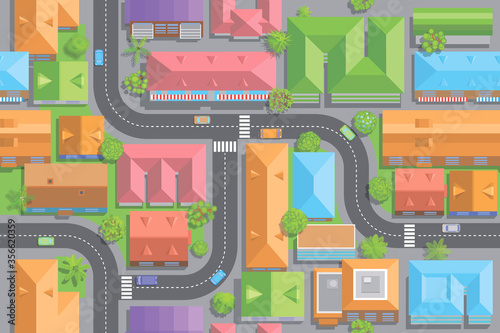 Seamless pattern of the urban landscape. (top view) Vector illustration. The city with streets, houses, roads, cars. (view from above)