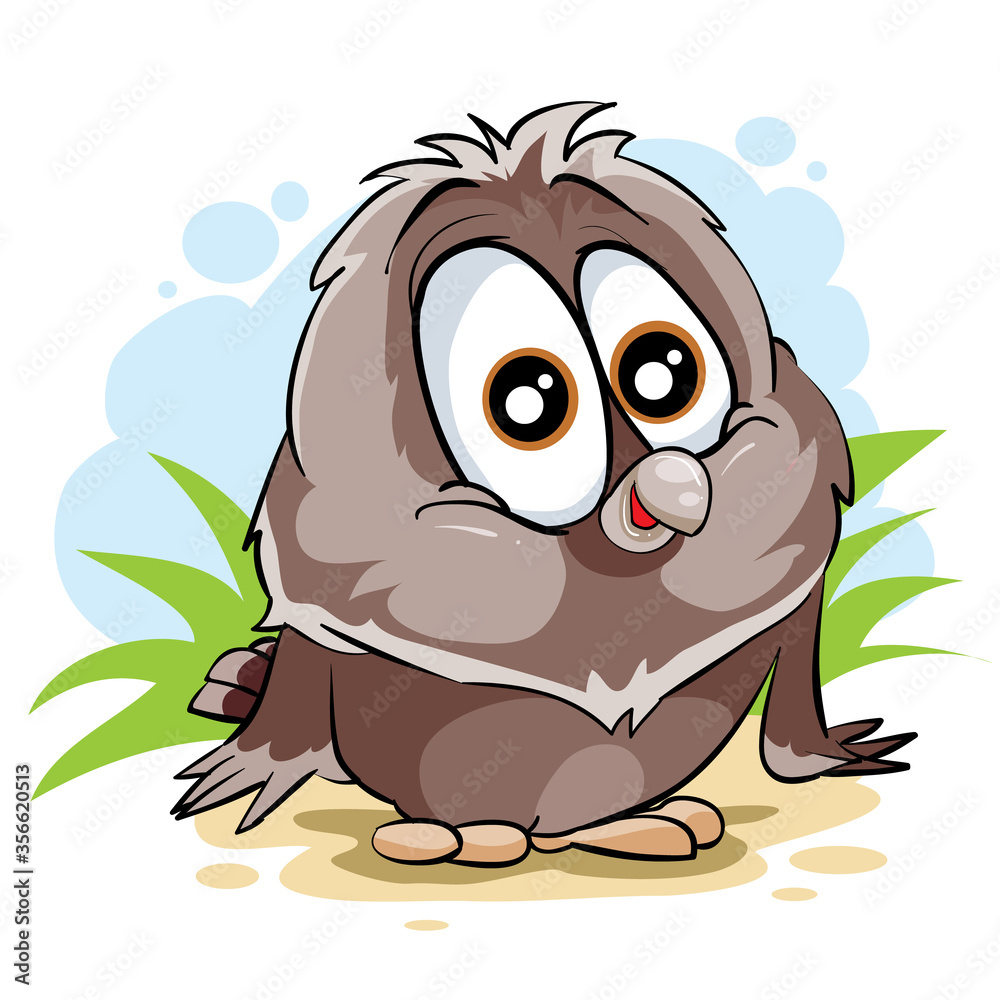 cute owl character with big eyes stands on the grass, naivety, fear, confusion, confusion, protection, isolated object on a white background, vector illustration,
