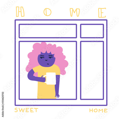 Morning coffee. Girl look out the window. Monday morning. Good morning. Stay at home. Flat Cartoon Vector Illustration. Clip art