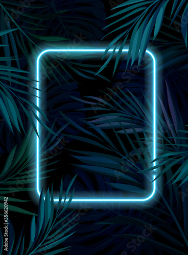 Tropical glowing neon frame. Dark night jungle palm leaves. Summer vector background illustration.