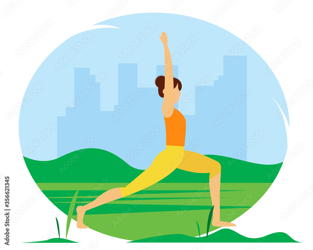 Woman doing yoga in the park. Illustration of the concept of a healthy lifestyle, physical exercise, yoga. Vector illustration in flat style. 