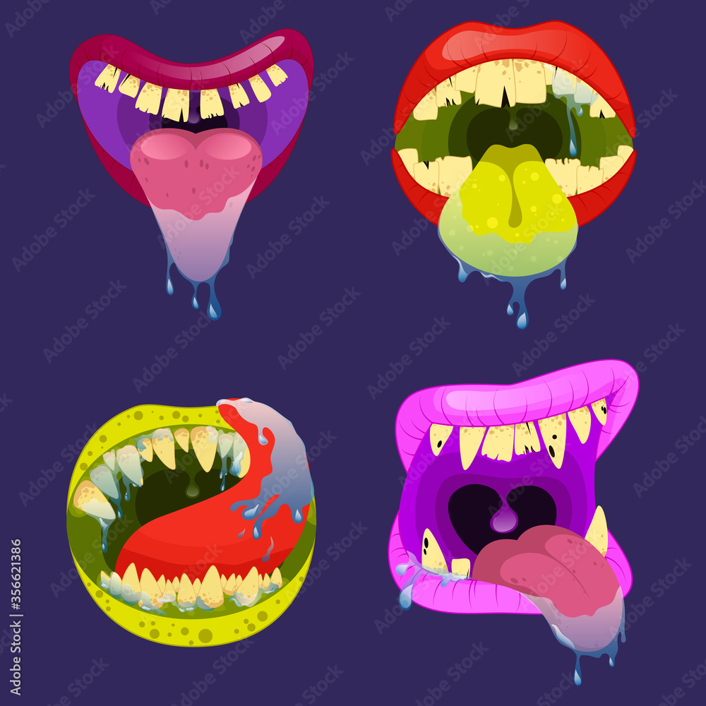 Monster mouths. Halloween scary monster teeth and tongue in mouth closeup. Monster horrific lips Monster mouths. Halloween scary monster teeth and tongue in mouth closeup. Monster horrific lips