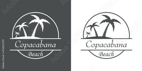 Símbolo destino de vacaciones. Icono plano texto Copacabana Beach en círculo con playa y palmeras en fondo gris y fondo blanco