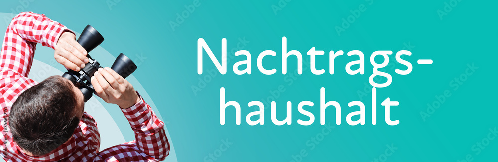 Fototapeta premium Nachtragshaushalt. Geschäftsmann (Mann) mit Fernglas aus Vogelperspektive. Fokus der Suche auf Text. Hintergrund blau. Statistik, Finanzen