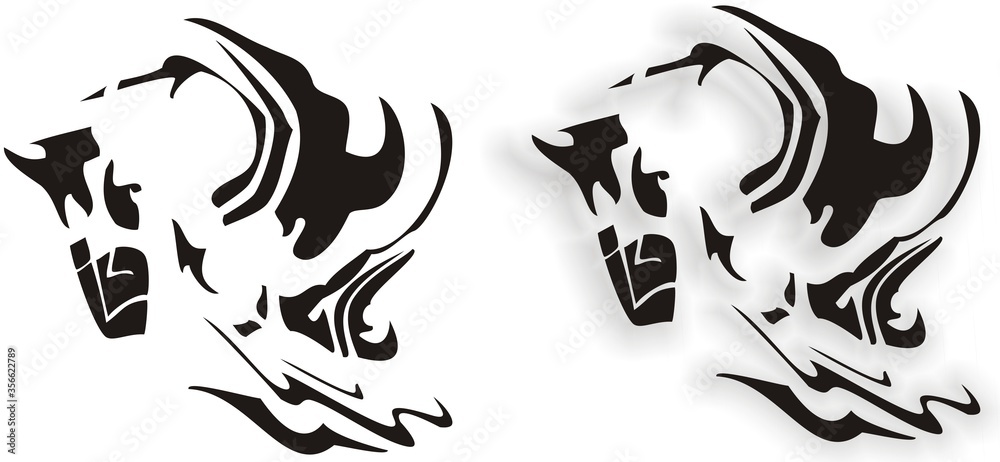Two options of horse head emblem. Stylization of horse head with shadow and black-and-white version for labels, tattoo, embroidery, textiles, prints, etc.