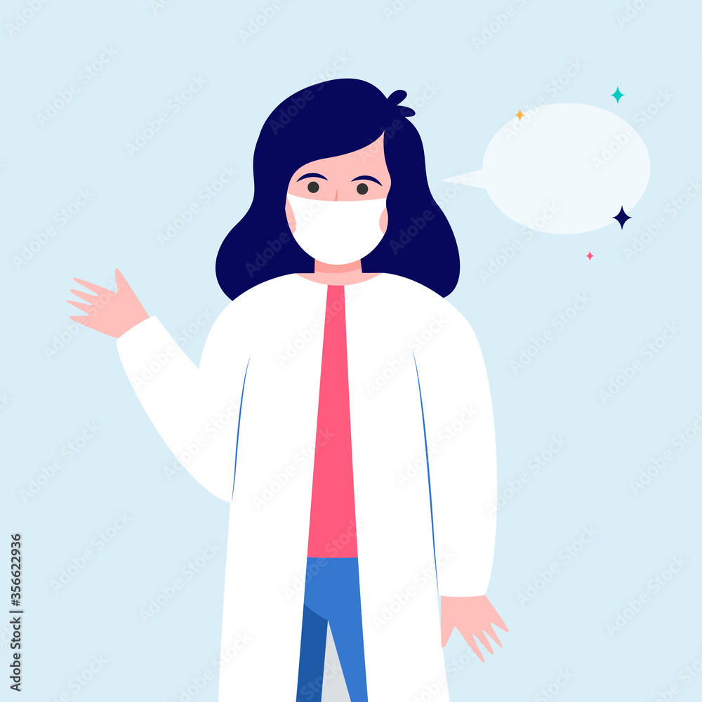 Obraz premium Female doctor and empty speech bubble. Mask, nurse, recommendation flat vector illustration. Communication and message concept for banner, website design or landing web page