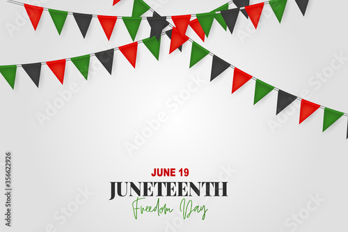 Juneteenth Freedom Day. 19 June African American Emancipation Day. Annual American holiday. Black, red, and green banner background with lettering and bunting flags. Vector illustration.
