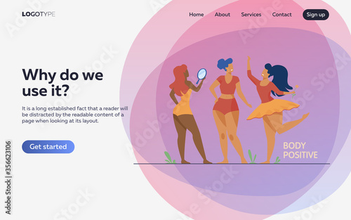 Happy girls admiring their bodies flat vector illustration. Body positive female characters smiling each other. Active women with plus size figures. Different beauty, fashion and healthy lifestyle