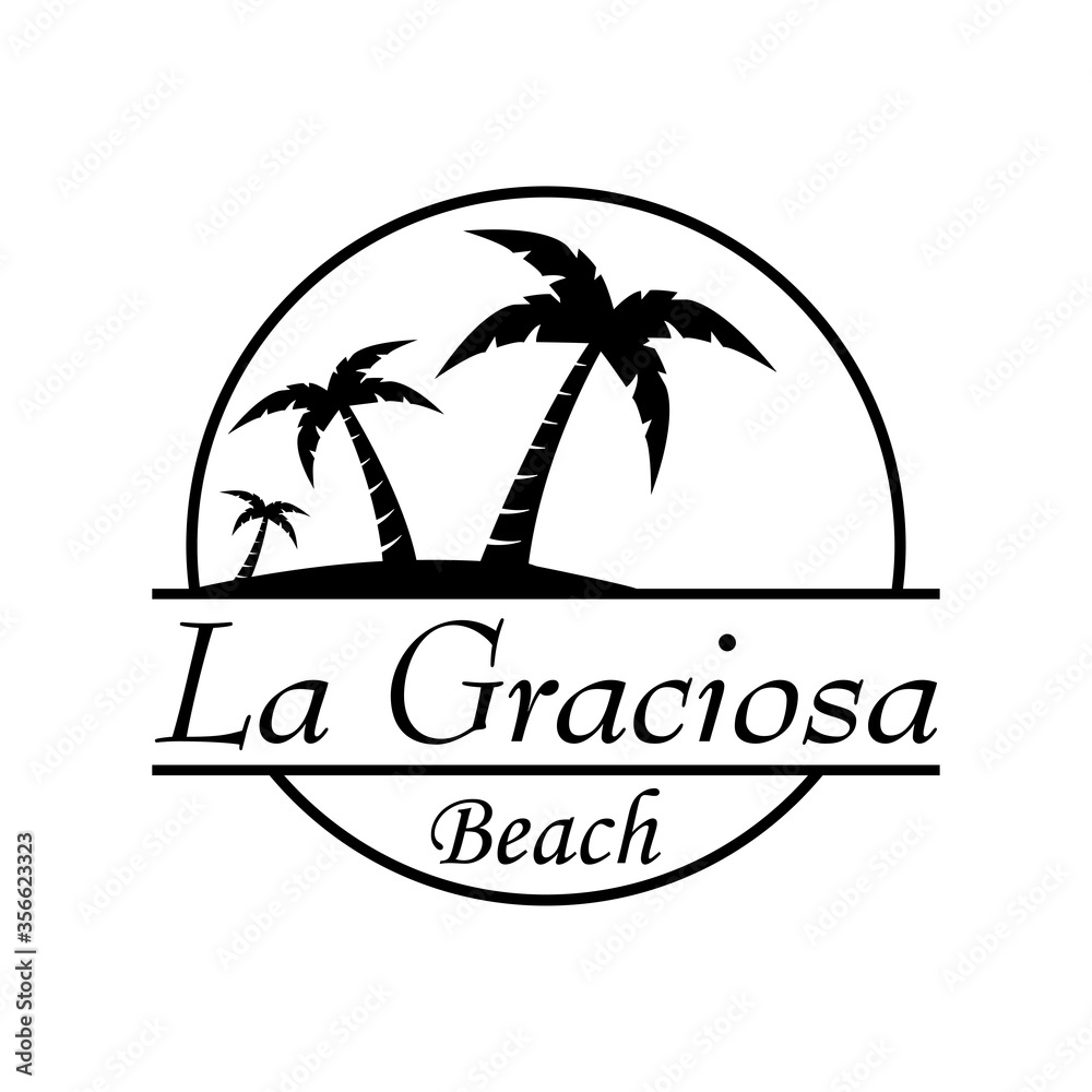 Símbolo destino de vacaciones. Icono plano texto La Graciosa Beach en círculo con playa y palmeras en color negro