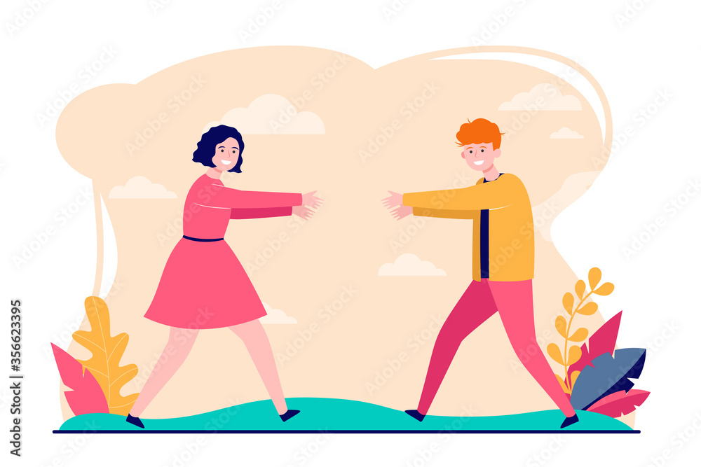Young happy couple running to each other. Meeting, happiness, relationship flat vector illustration. Friendship and love concept for banner, website design or landing web page