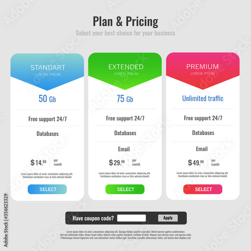 Pricing Business Plans Vector Set. Design Element For Website. Collection Of Pricing Plans For Websites And Applications. Hosting Table Banner Illustration