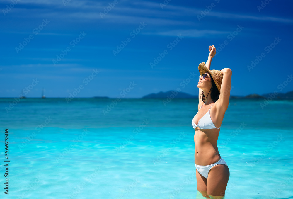 Beautiful Adult Woman In Bikini Relaxing On The Beach By The Lake