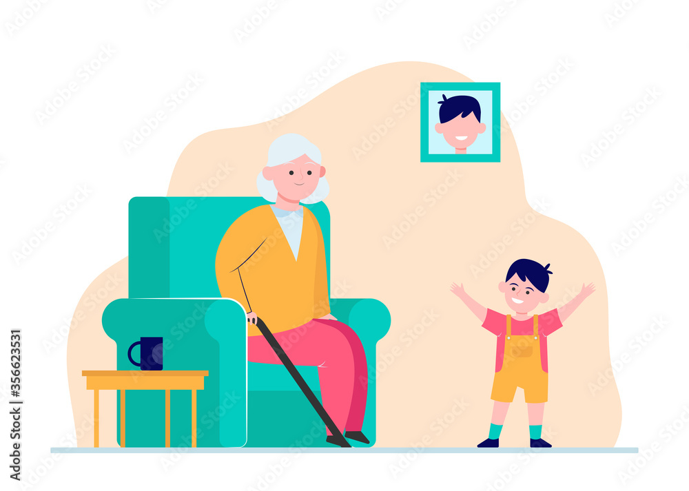 Grandma sitting in armchair and little grandson smiling. Kid, boy, generation flat vector illustration. Family and parenting concept for banner, website design or landing web page