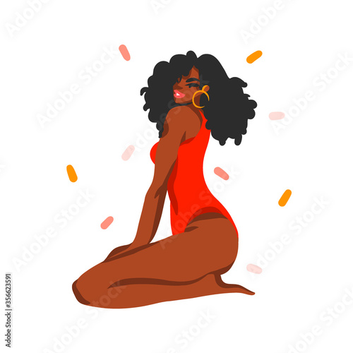 Hand drawn vector abstract stock graphic illustration with young happy black afro american beauty female in swimsuit sitting isolated on white background