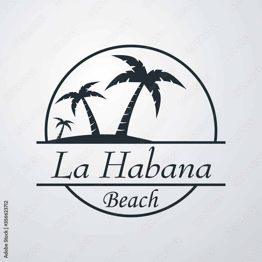 Símbolo destino de vacaciones. Icono plano texto La Habana Beach en círculo con playa y palmeras en fondo gris