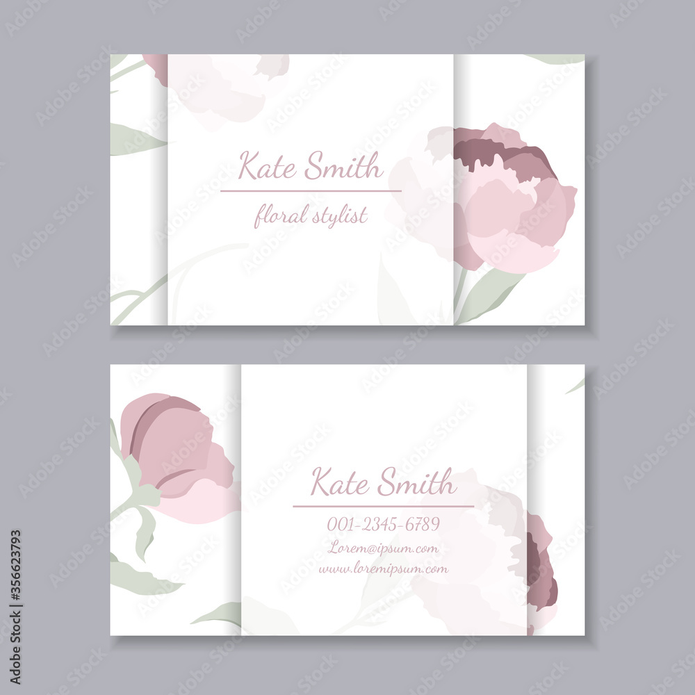 Business card with floral design. Vector template, scalable to standard 3.5x2 inch size. Pink peonies background