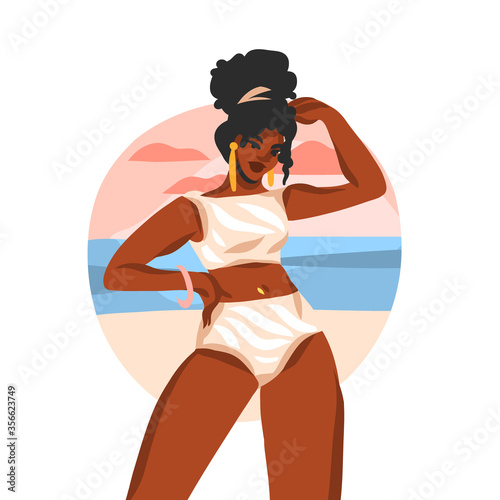 Hand drawn vector abstract stock flat graphic illustration with young happy black afro american beauty female,in swimsuit on sundown beach scene isolated on white background