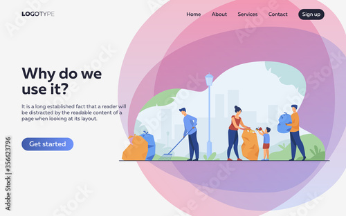 Volunteers community cleaning garbage flat vector illustration. People working in team for city ecology protection. Environment, nature and clean planet concept