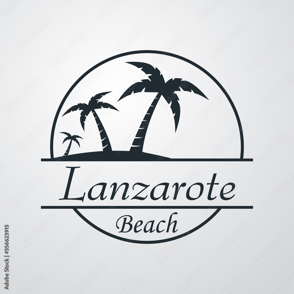 Símbolo destino de vacaciones. Icono plano texto Lanzarote Beach en círculo con playa y palmeras en fondo gris