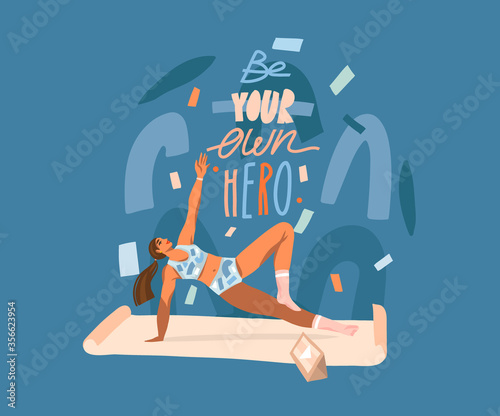 Hand drawn vector abstract stock graphic illustration with young happy female, on mat,watching online training video on tablet computer and motivational lettering isolated on color collage background