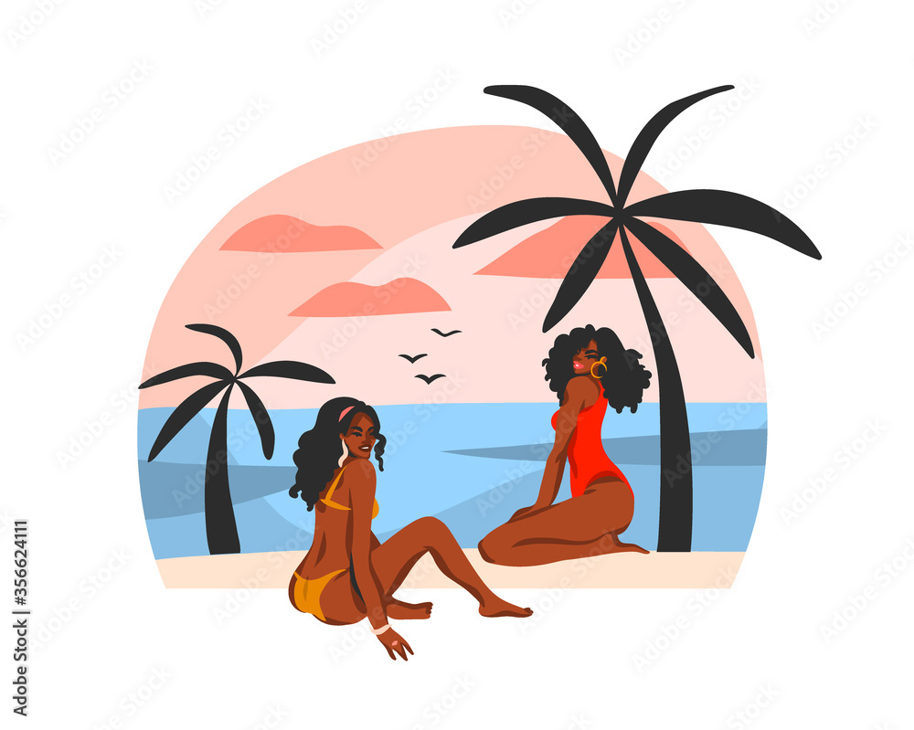 Hand drawn vector abstract stock flat graphic illustration with young happy black afro american beauty women ,in swimsuit on sundown beach scene isolated on white background