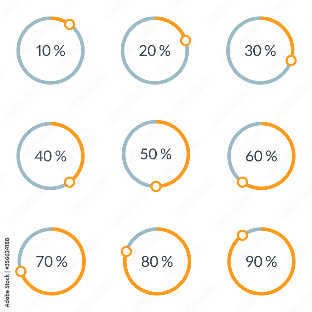 Percentage pie chart set. Circle percent diagram or chart with progress bar. Infographic design template for business process, data statistic, web loading process. Vector illustration.