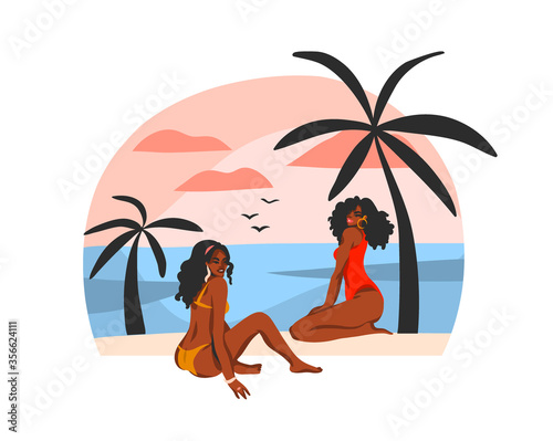 Hand drawn vector abstract stock flat graphic illustration with young happy black afro american beauty women ,in swimsuit on sundown beach scene isolated on white background