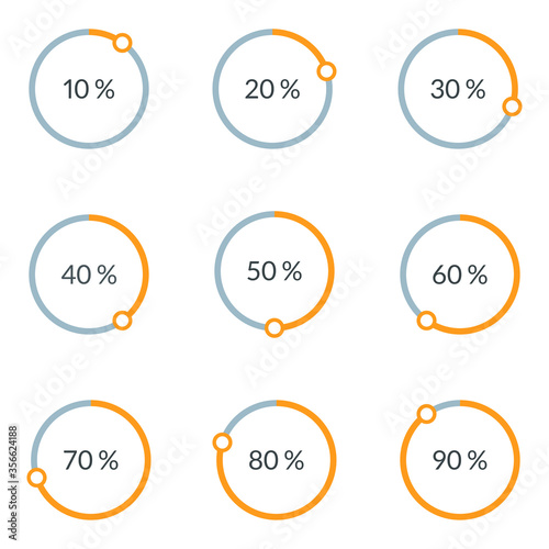 Percentage pie chart set. Circle percent diagram or chart with progress bar. Infographic design template for business process, data statistic, web loading process. Vector illustration.