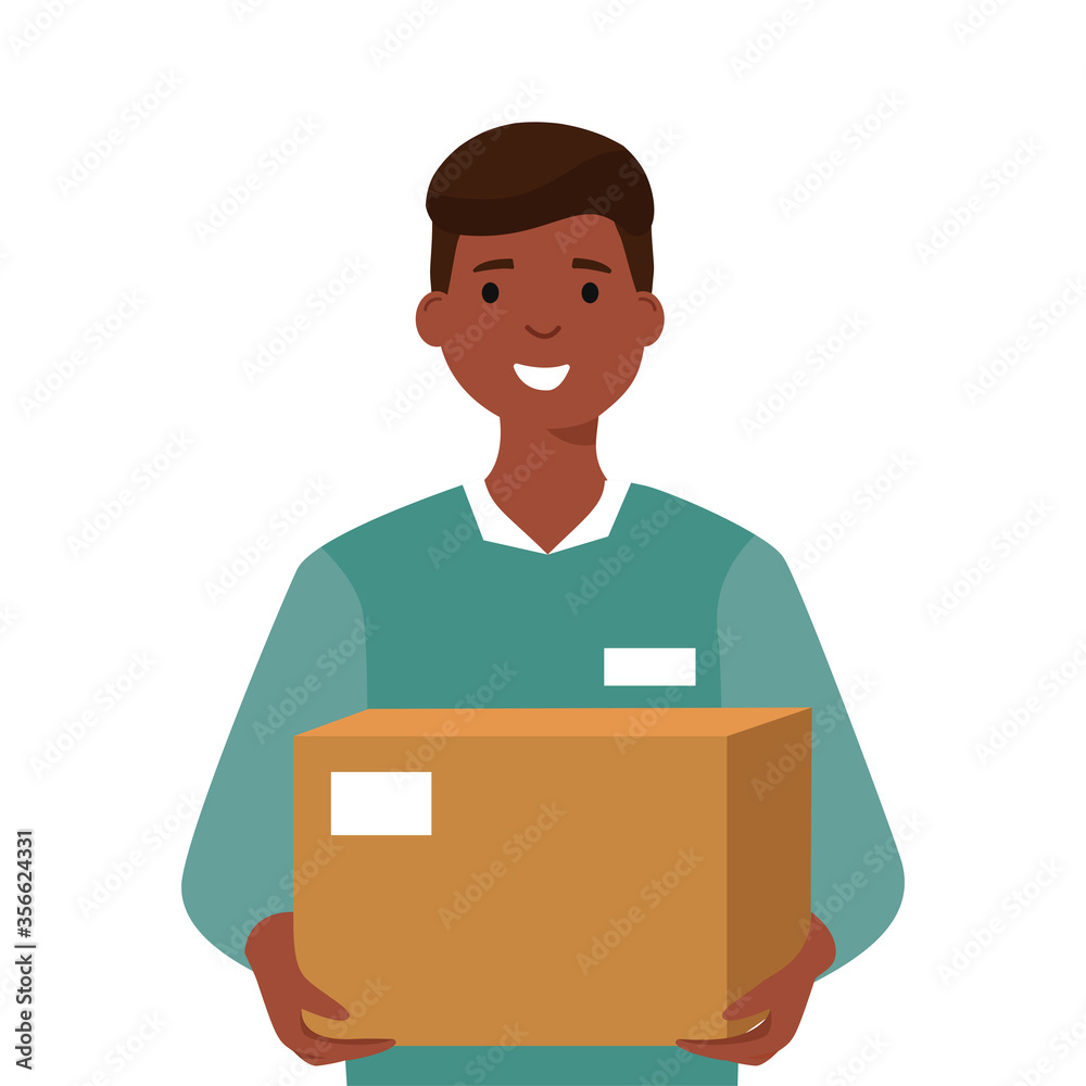 Young smiling African American man keeps parcel. Online delivery and courier service. Logistics concept. Colourful flat cartoon vector illustration isolated on white background. Young smiling African American man keeps parcel. Online delivery and courier service. Logistics concept. Colourful flat cartoon vector illustration isolated on white background.