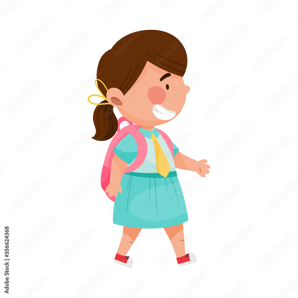 Girl Character Going to School with Backpack Vector Illustration
