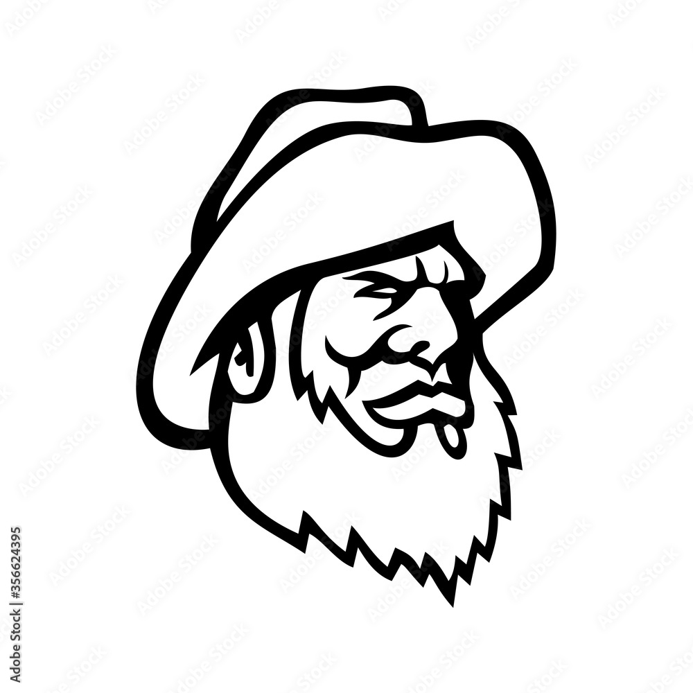 Old Fisherman or Fisher Wearing Bucket Hat Mascot Black and White Old Fisherman or Fisher Wearing Bucket Hat Mascot Black and White