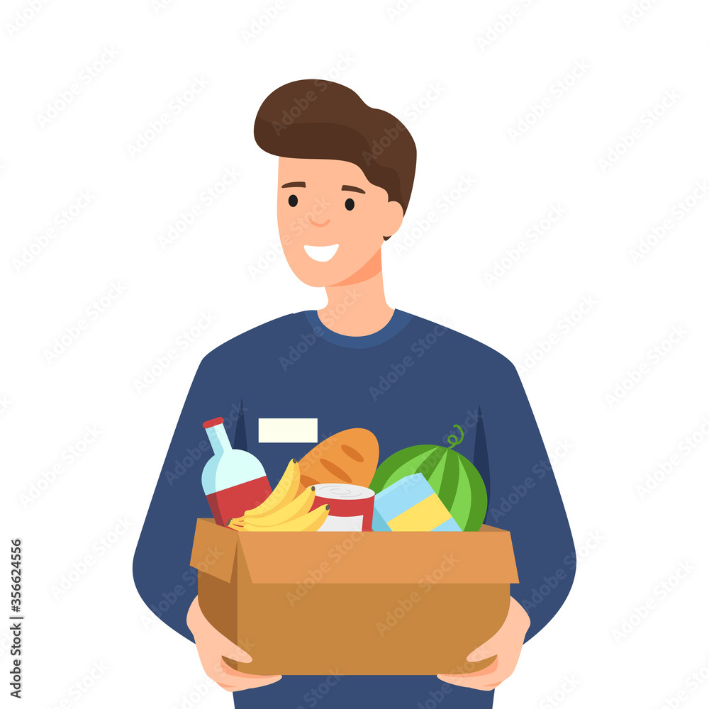 Young smiling man keeps grocery box. Online delivery and courier service. Logistics concept. Colourful flat cartoon vector illustration isolated on white background. Young smiling man keeps grocery box. Online delivery and courier service. Logistics concept. Colourful flat cartoon vector illustration isolated on white background.