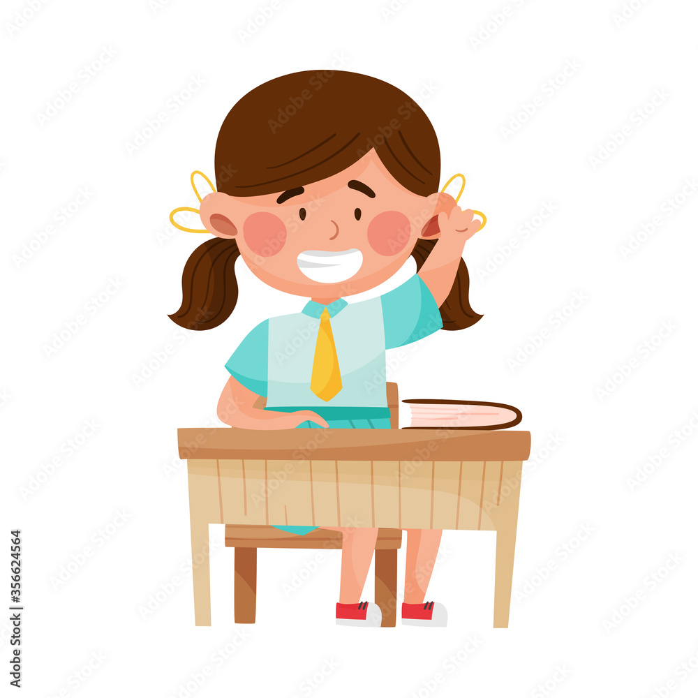 Girl Character Sitting at School Desk Raising Hand to Answer at Lesson Vector Illustration