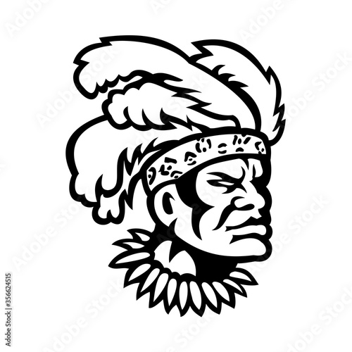 African Zulu Warrior Head Wearing Feather Headdress Mascot Black and White