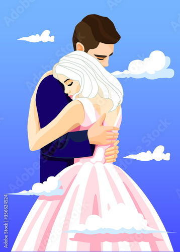 bride and groom on blue sky background