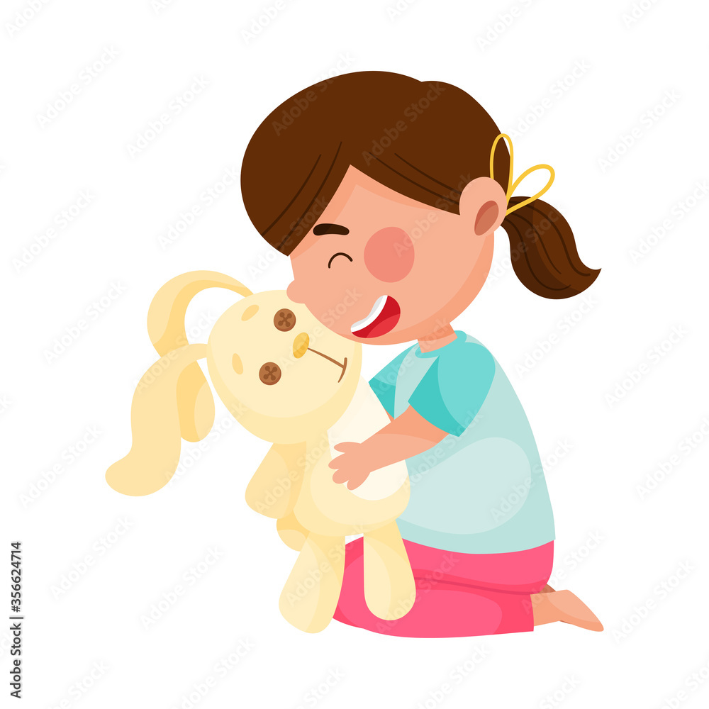 Cute Girl Character Playing with Toy Hare Hugging It Vector Illustration Cute Girl Character Playing with Toy Hare Hugging It Vector Illustration