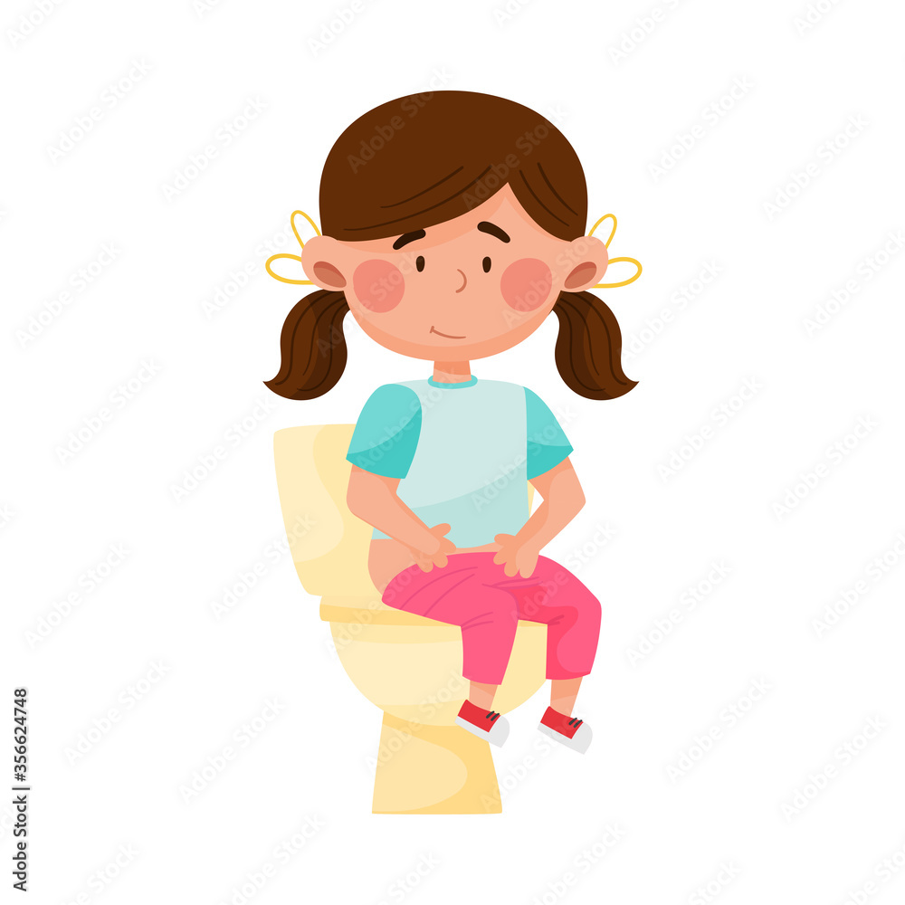 Cute Girl Character Sitting in in the Toilet Doing Morning Procedure Vector Illustration
