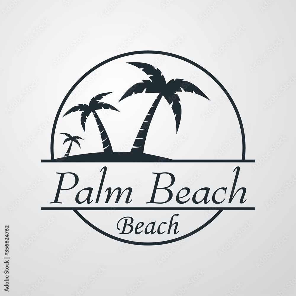 Símbolo destino de vacaciones. Icono plano texto Palm Beach en círculo con playa y palmeras en fondo gris