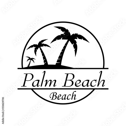 Símbolo destino de vacaciones. Icono plano texto Palm Beach en círculo con playa y palmeras en color negro