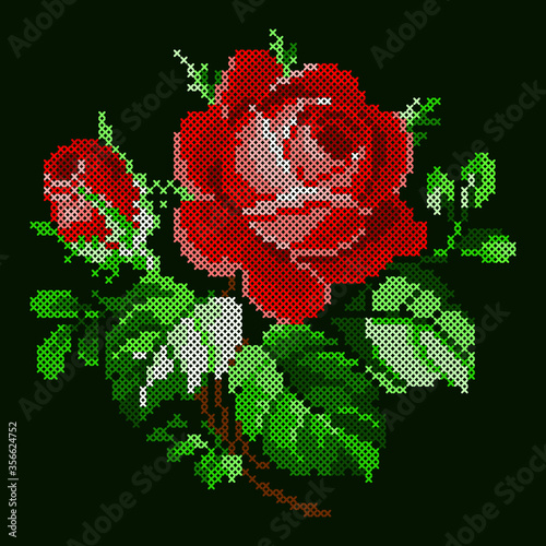 cross stitch
red rose with green leaves