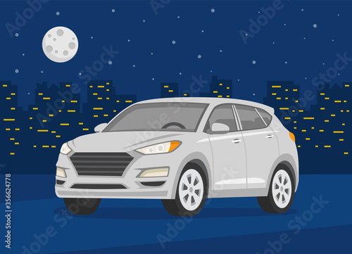 Isolated modern new suv car on the background of the night city. White car. Night city with lights. Flat vector illustration.