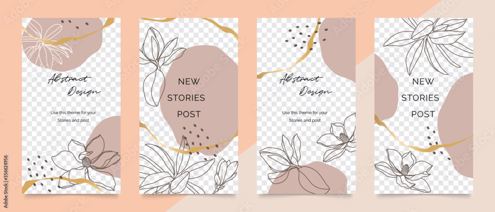 Fototapeta Social media stories and post creative vector set. Abstract shapes background template with floral and copy space for text and images. Vector illustration.