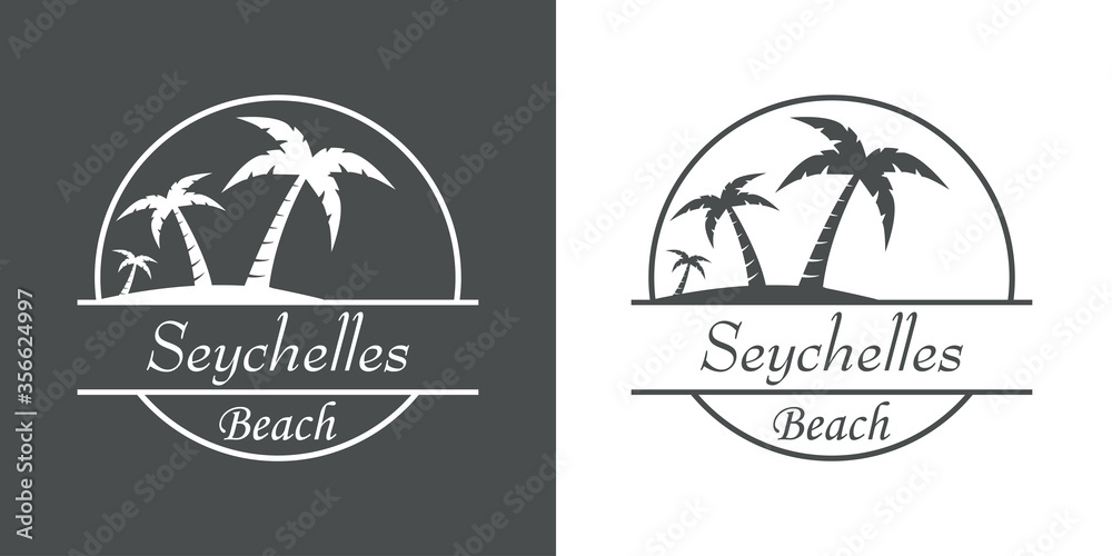 Símbolo destino de vacaciones. Icono plano texto Seychelles Beach en círculo con playa y palmeras en fondo gris y fondo blanco Símbolo destino de vacaciones. Icono plano texto Seychelles Beach en círculo con playa y palmeras en fondo gris y fondo blanco